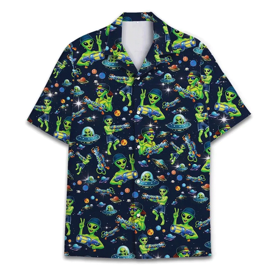 Funny Retro Alien Galaxy Hawaiian Shirt  UFO Aloha Button Down Summer Beach Outfit That Stands Out