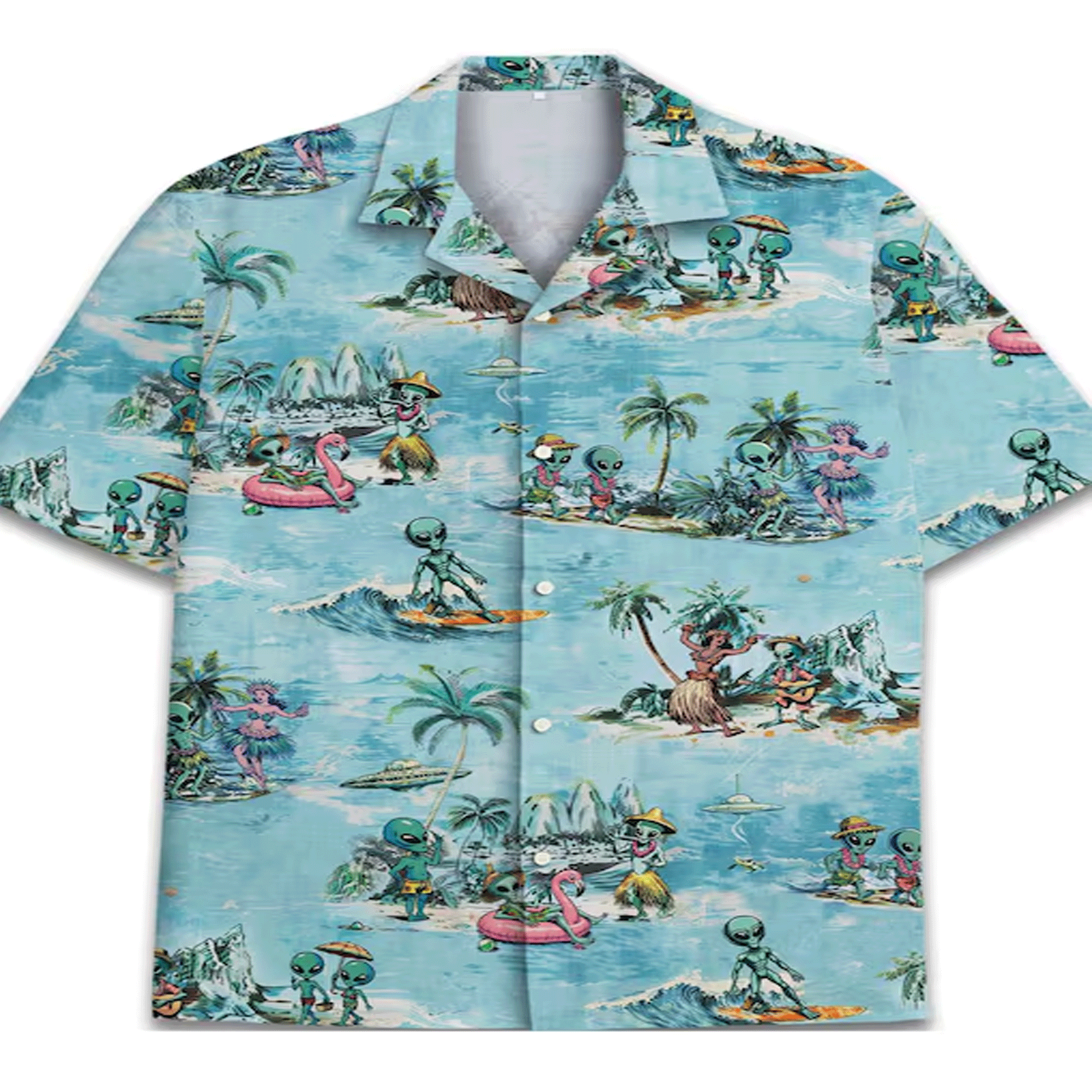 Funny Retro Alien Hawaiian Shirt UFO Aloha Button Down Summer Beach Outfit That Stands Out