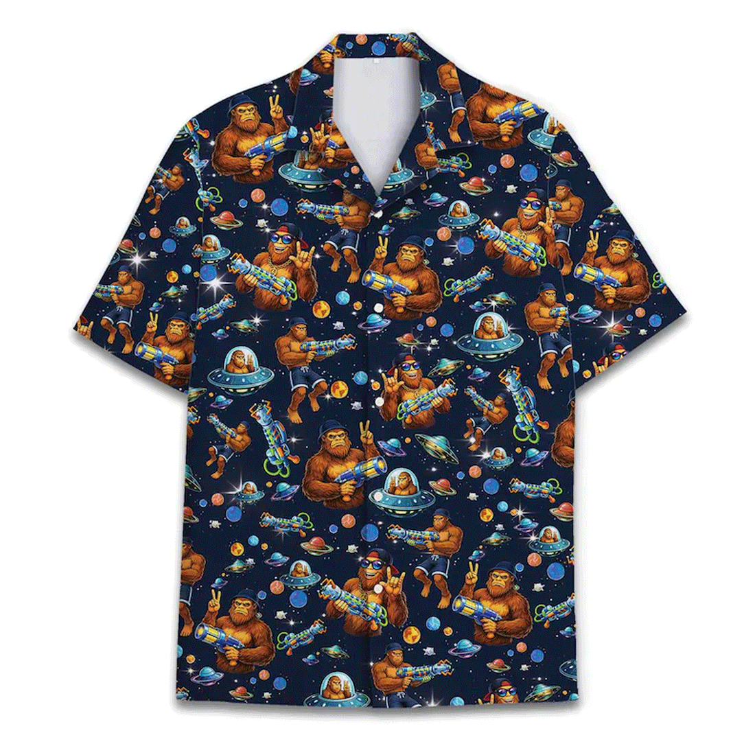 Funny Retro Bigfoot Galaxy Hawaiian Shirt  UFO Aloha Button Down Summer Beach Outfit That Stands Out