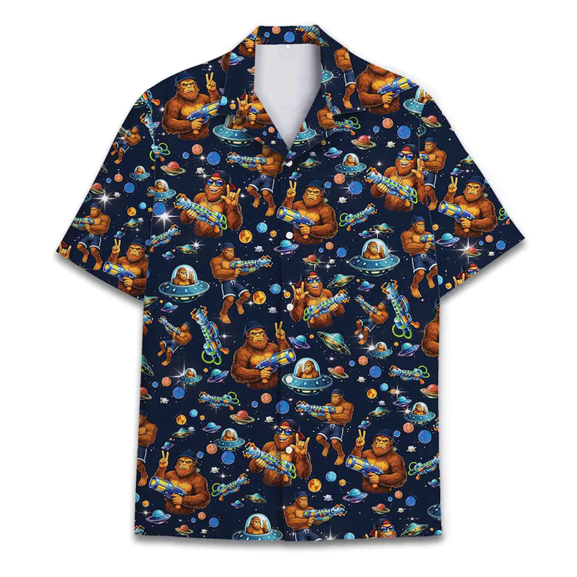 Funny Retro Bigfoot Galaxy Hawaiian Shirt  UFO Aloha Button Down Summer Beach Outfit That Stands Out