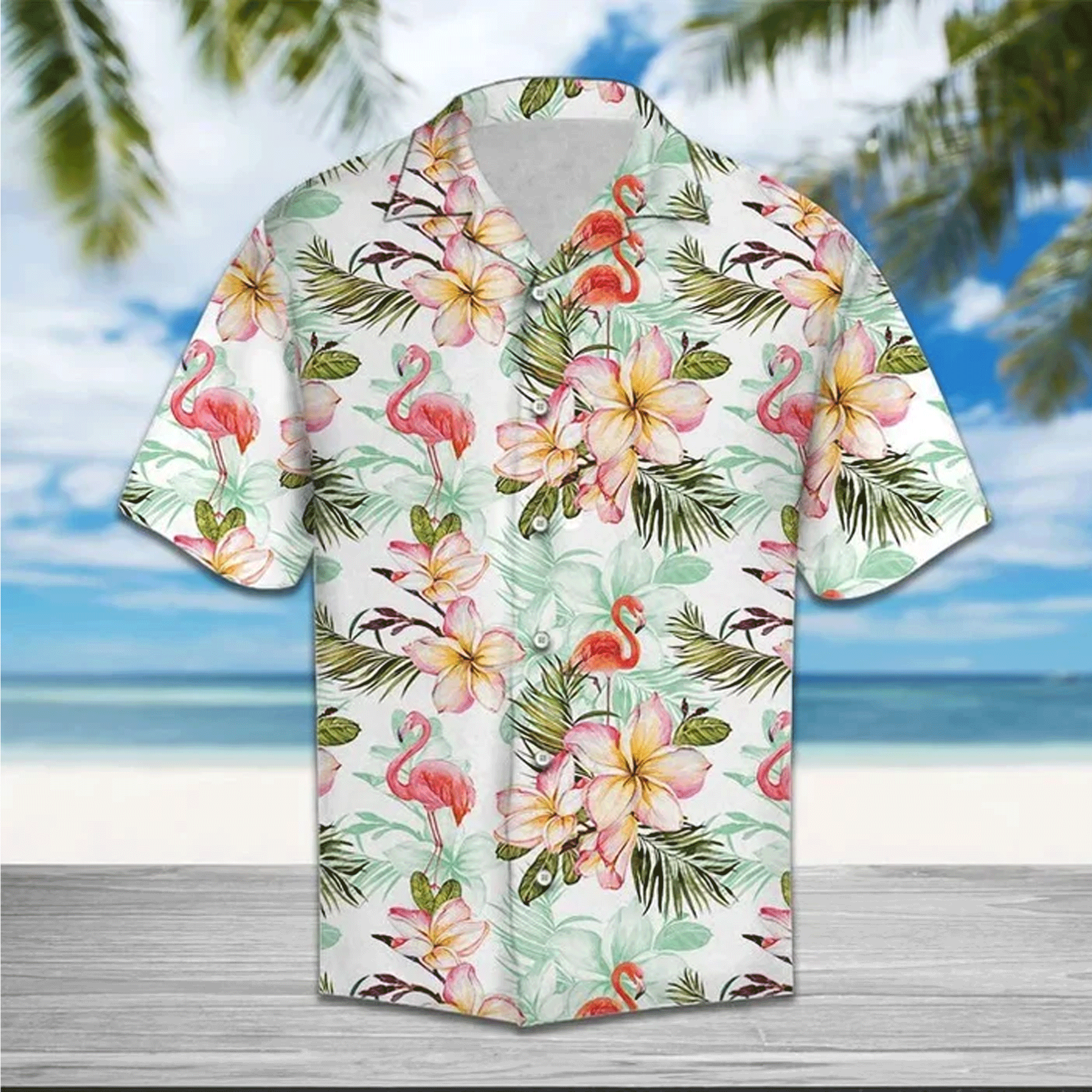 White Flamingo Frangipani Hawaiian Shirt  Tropical Aloha Button Down Summer Beach Outfit That Stands Out