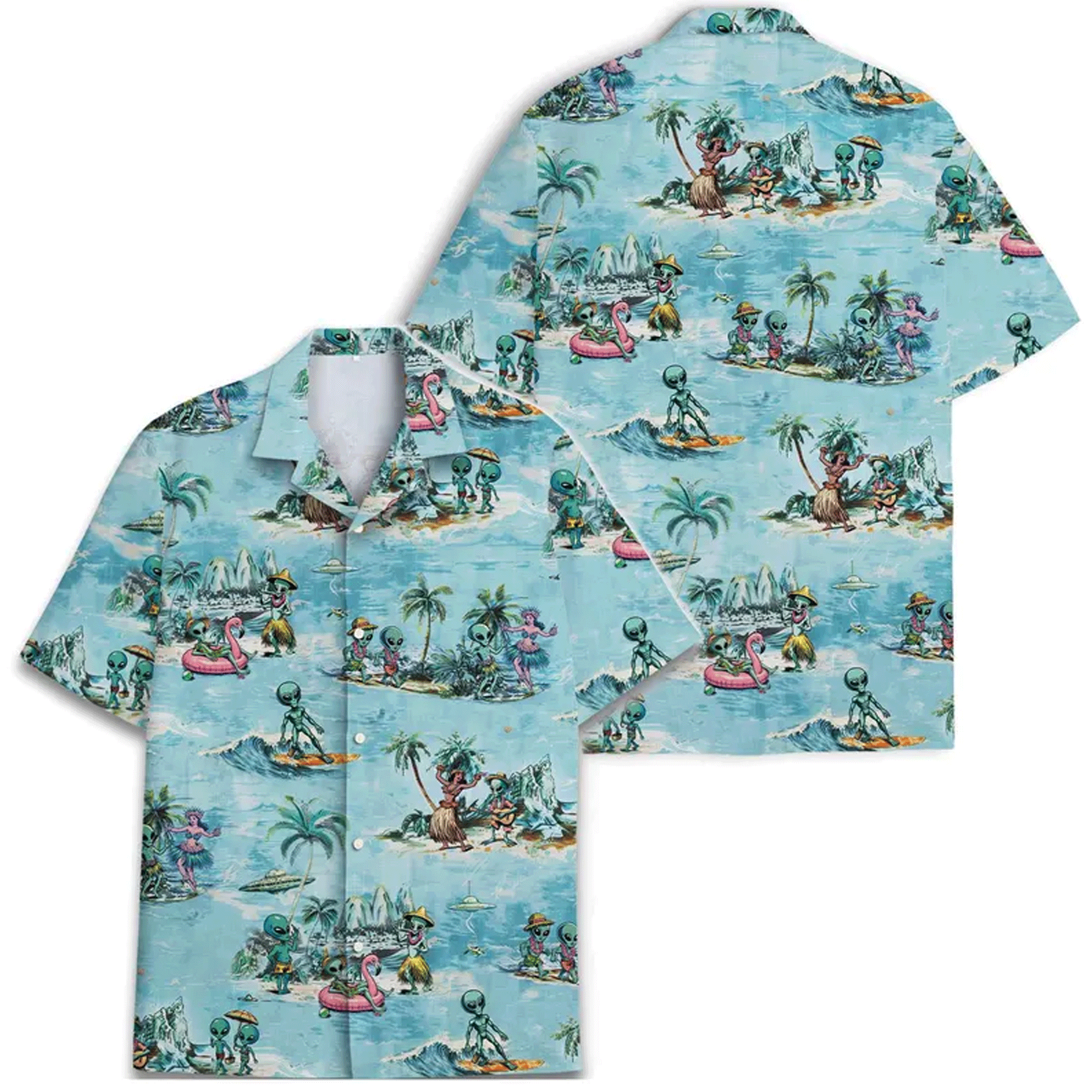Funny Retro Alien Hawaiian Shirt UFO Aloha Button Down Summer Beach Outfit That Stands Out