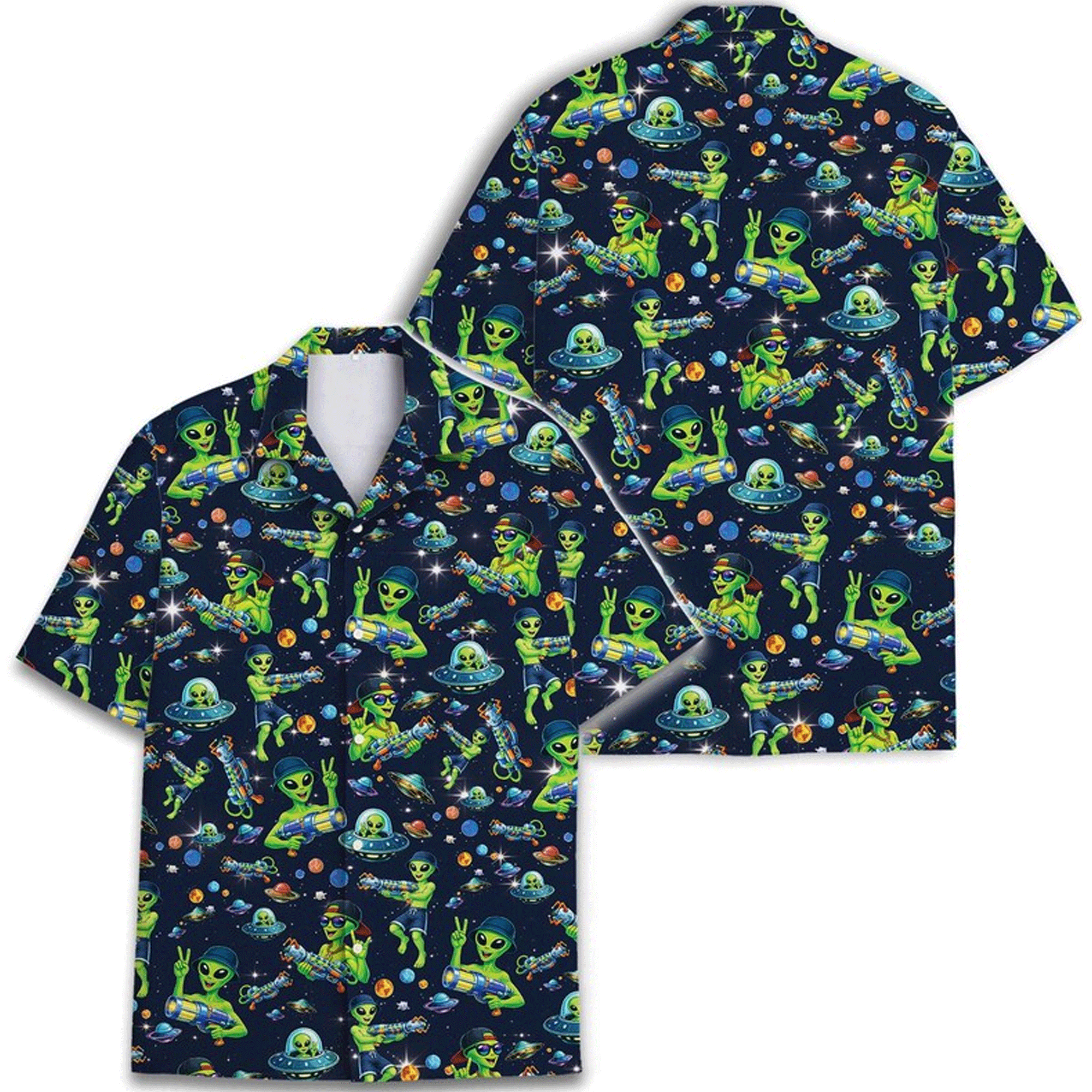 Funny Retro Alien Galaxy Hawaiian Shirt  UFO Aloha Button Down Summer Beach Outfit That Stands Out