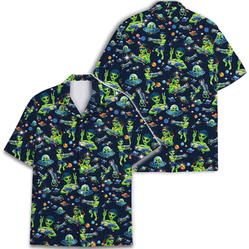 Funny Retro Alien Galaxy Hawaiian Shirt  UFO Aloha Button Down Summer Beach Outfit That Stands Out