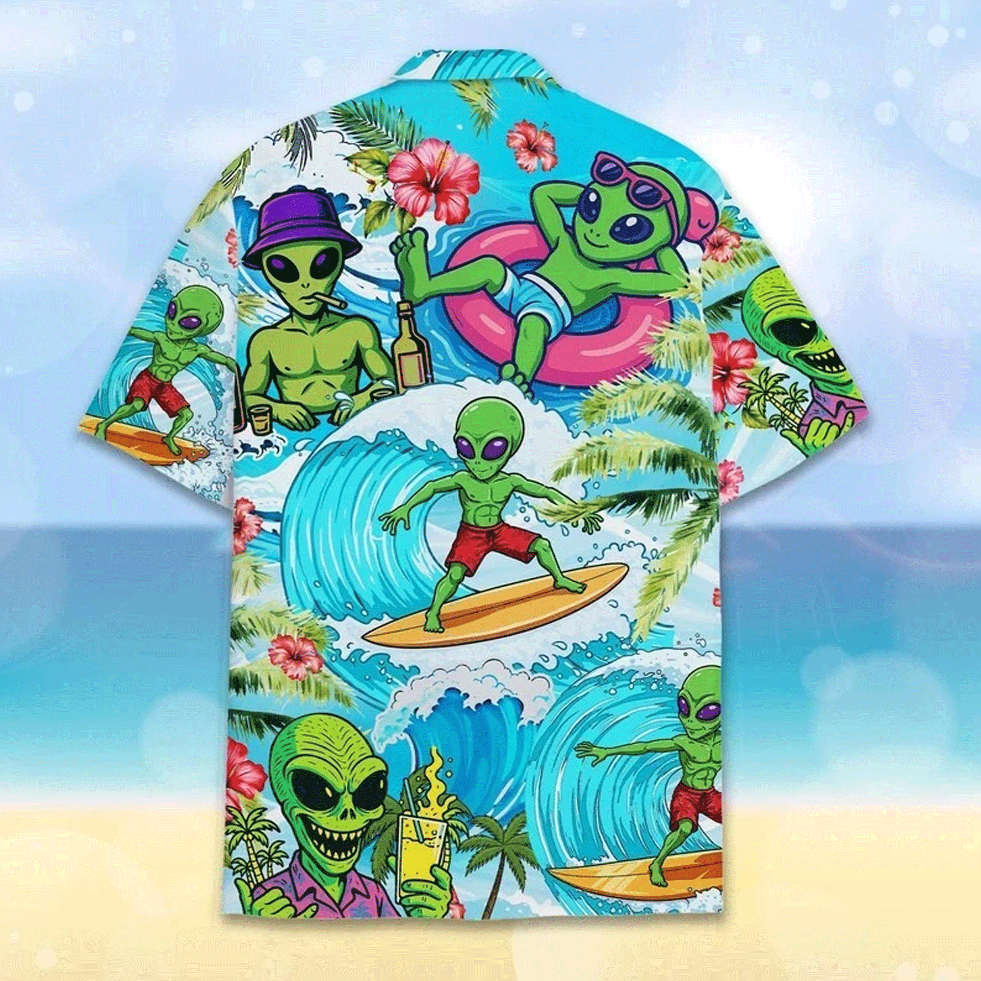 Funny Surfing Alien Hawaiian Shirt Tropical Aloha Button Down Summer Beach Outfit That Stands Out