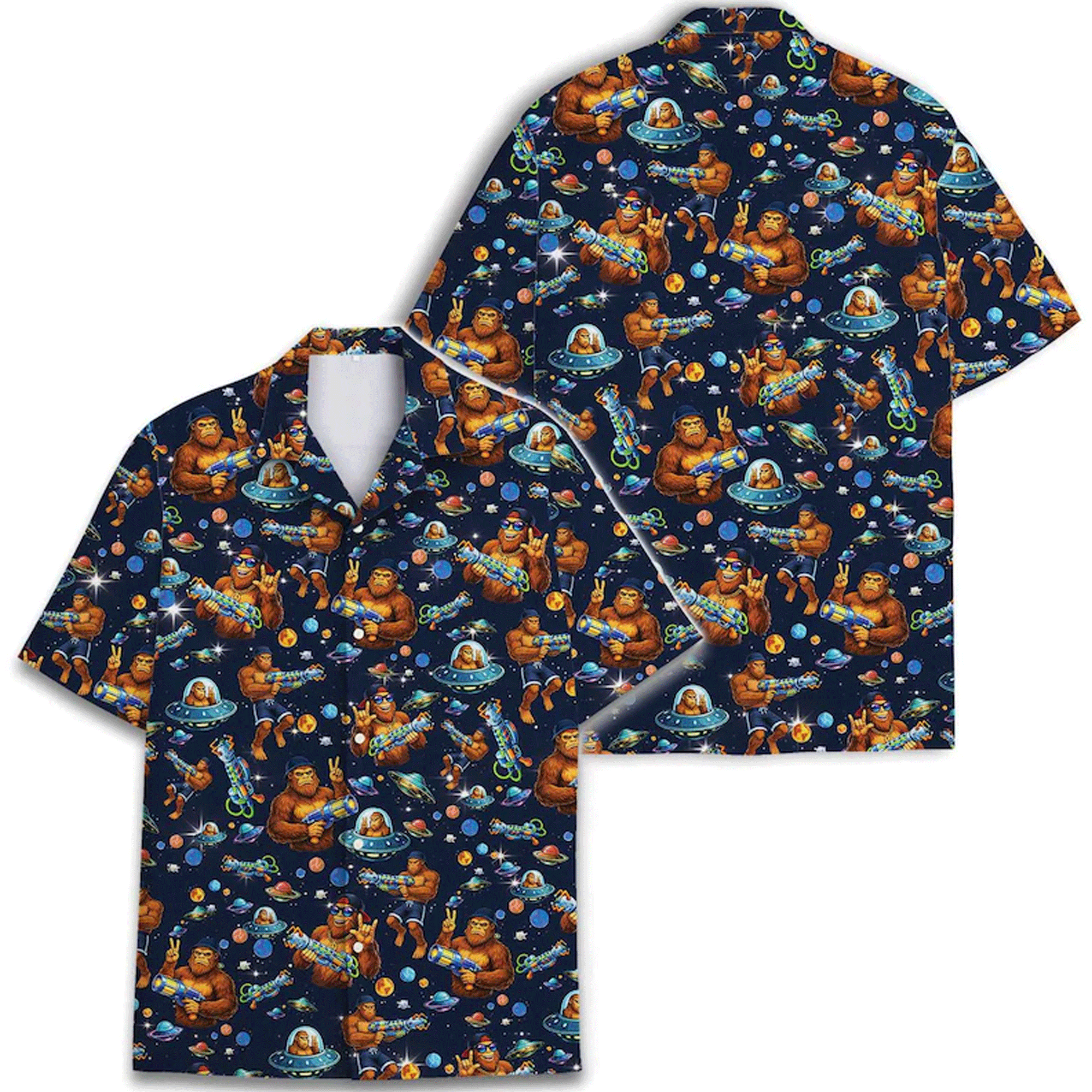Funny Retro Bigfoot Galaxy Hawaiian Shirt  UFO Aloha Button Down Summer Beach Outfit That Stands Out