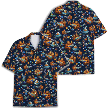 Funny Retro Bigfoot Galaxy Hawaiian Shirt  UFO Aloha Button Down Summer Beach Outfit That Stands Out