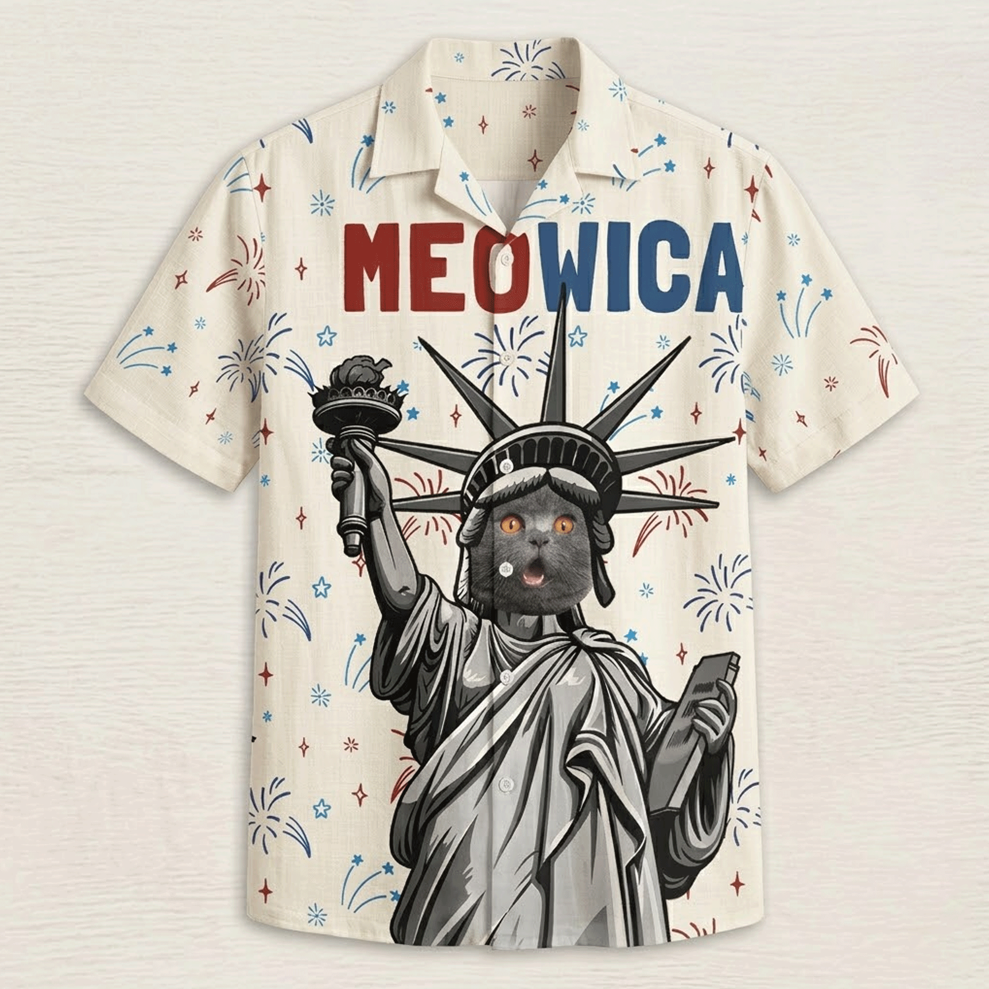 Meowica Personalized Hawaiian Shirt  Custom Cat Photo Aloha Button Down Patriotic Pet Lover Gift