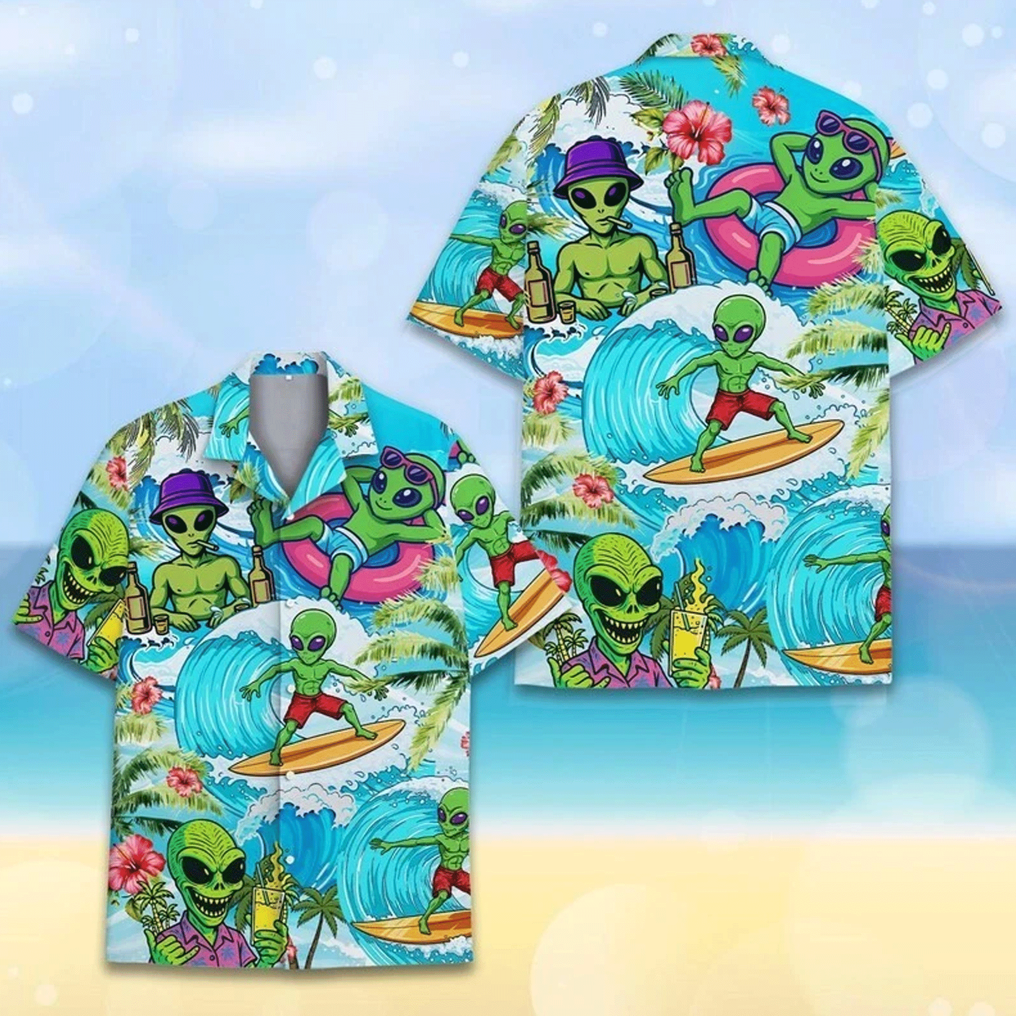 Funny Surfing Alien Hawaiian Shirt Tropical Aloha Button Down Summer Beach Outfit That Stands Out