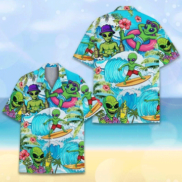 Funny Surfing Alien Hawaiian Shirt Tropical Aloha Button Down Summer Beach Outfit That Stands Out