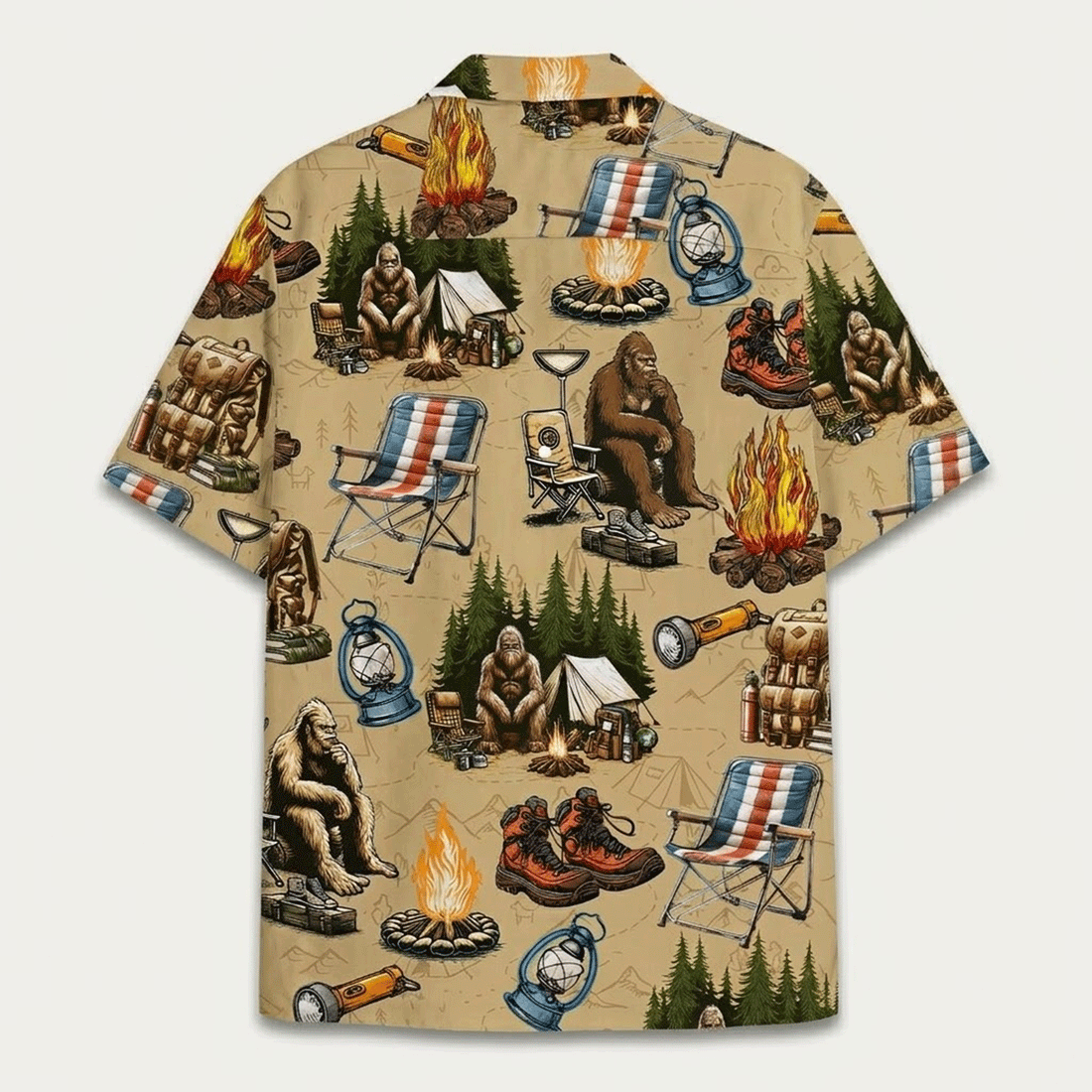 Funny Bigfoot Camping Hawaiian Shirt  Sasquatch Hiking Aloha Button Down Outdoor Outfit That Gets Laughs