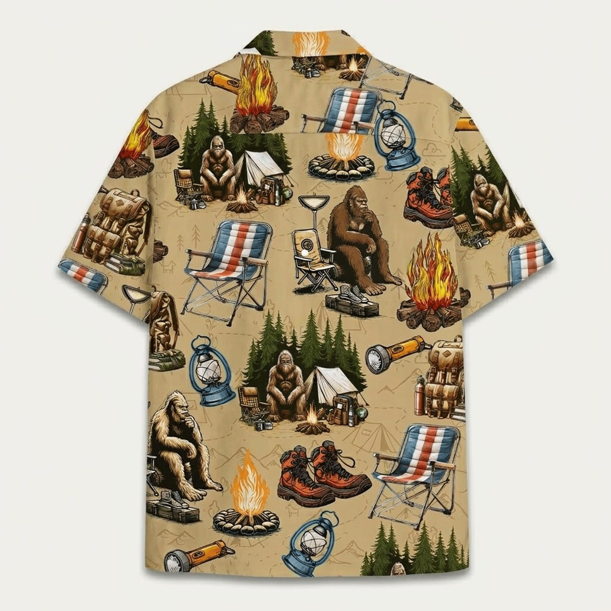 Funny Bigfoot Camping Hawaiian Shirt  Sasquatch Hiking Aloha Button Down Outdoor Outfit That Gets Laughs