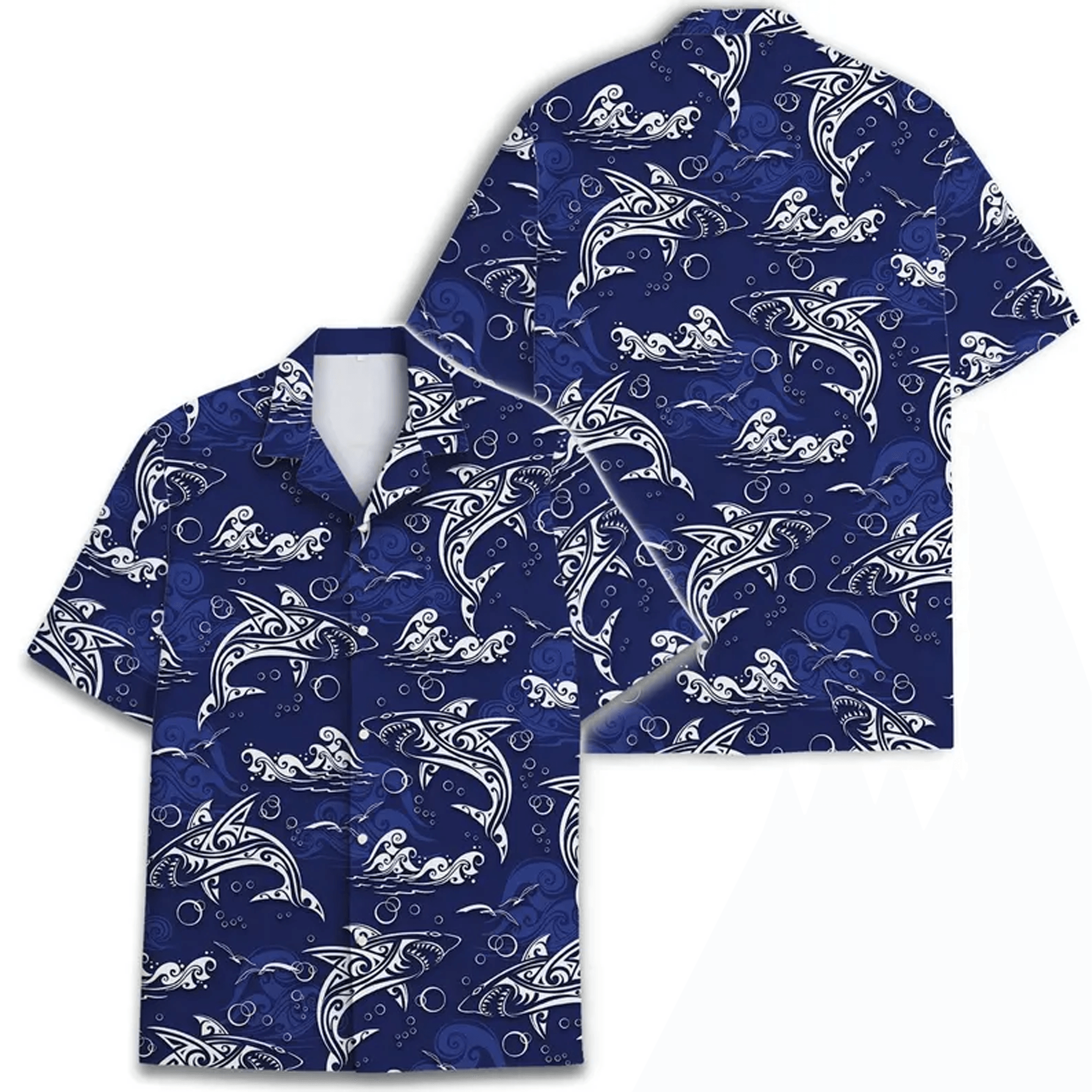 Mens Shark Hawaiian Shirt Retro Surfing Print Blue Ocean Tropical Aloha Button Up