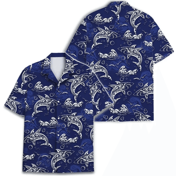 Mens Shark Hawaiian Shirt Retro Surfing Print Blue Ocean Tropical Aloha Button Up