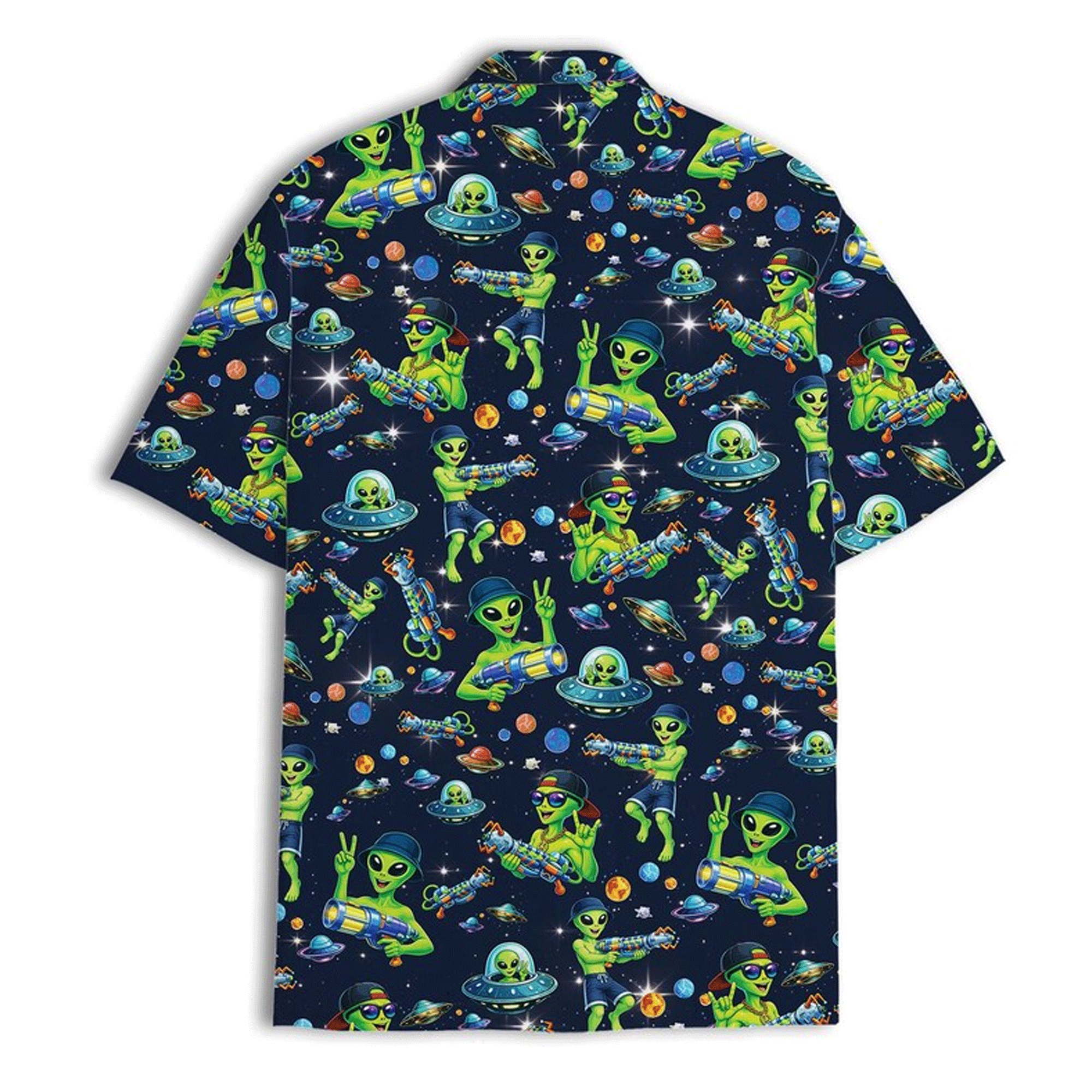 Funny Retro Alien Galaxy Hawaiian Shirt  UFO Aloha Button Down Summer Beach Outfit That Stands Out