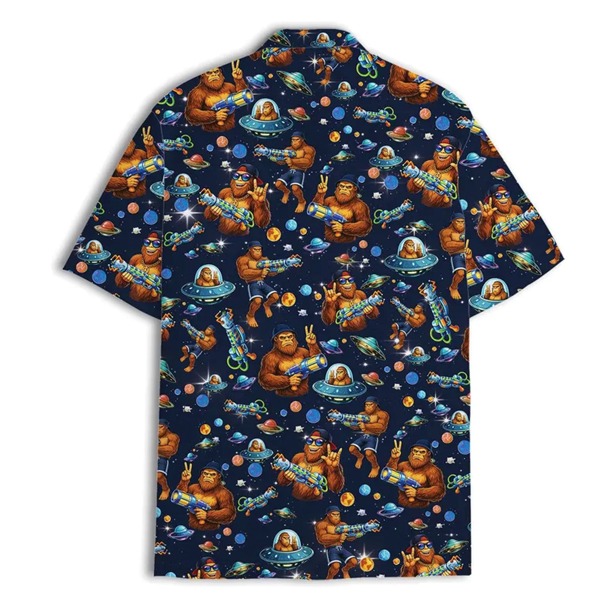 Funny Retro Bigfoot Galaxy Hawaiian Shirt  UFO Aloha Button Down Summer Beach Outfit That Stands Out
