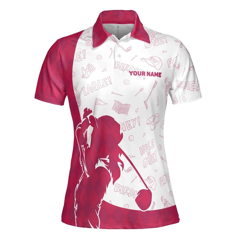 Women’s Flamingo Golf Shirt, Pink Argyle Custom Name Polo
