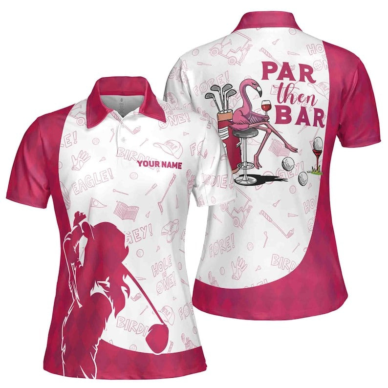 Women’s Flamingo Golf Shirt, Pink Argyle Custom Name Polo