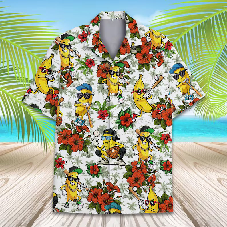 Banana Baseball Hawaiian Shirt, Funny Tropical Fruit Aloha Shirt for Men Women Youth, Summer Beach Vacation Button Up