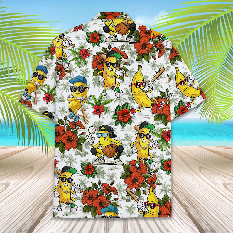 Banana Baseball Hawaiian Shirt, Funny Tropical Fruit Aloha Shirt for Men Women Youth, Summer Beach Vacation Button Up