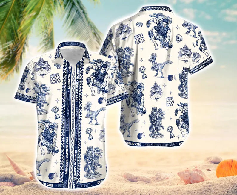 Fantasy Dungeon Crawler Hawaiian Shirt, Cat Princess & Monster Companion Print Shirt and Shorts Set, Book Lover Outfit, Nerdy Fantasy Apparel for Men & Women