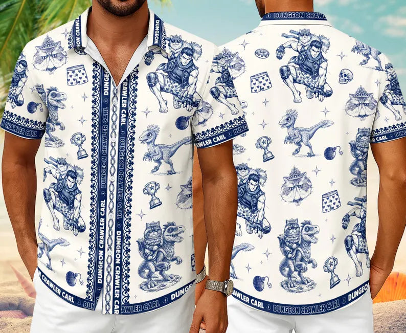 Fantasy Dungeon Crawler Hawaiian Shirt, Cat Princess & Monster Companion Print Shirt and Shorts Set, Book Lover Outfit, Nerdy Fantasy Apparel for Men & Women