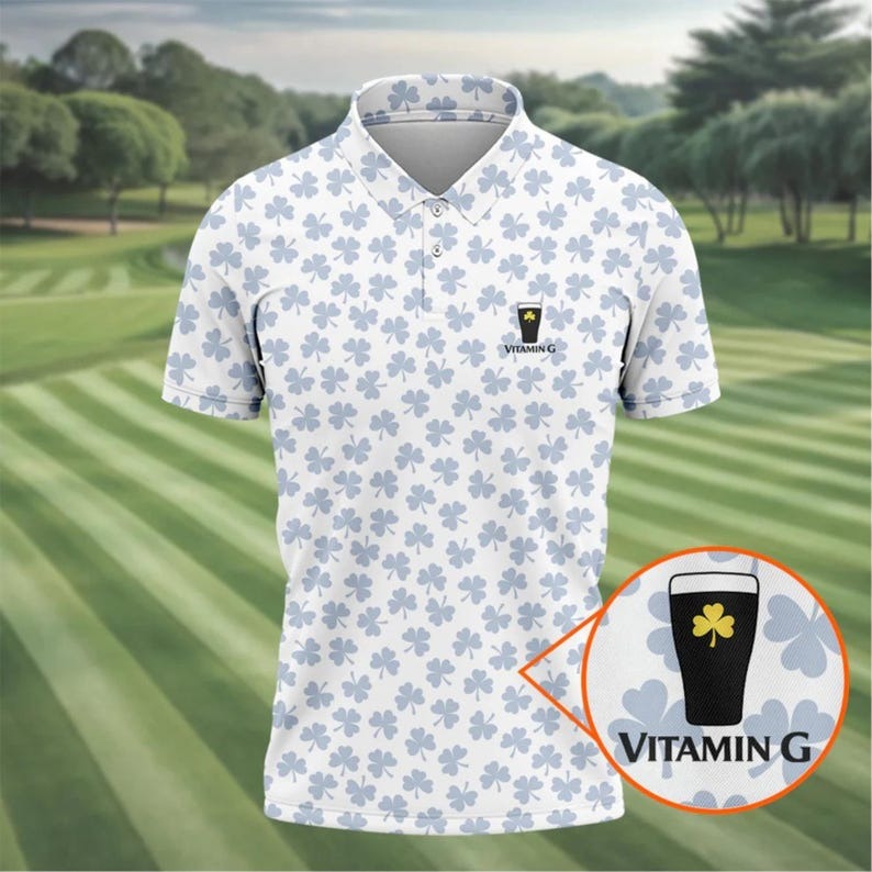 Vitamin G Shamrock Golf Polo Shirt for Men – St. Patrick’s Day Beer & Golf Shirt, Funny Irish Shamrock Pattern Polo, Lucky Golf Outfit Gift
