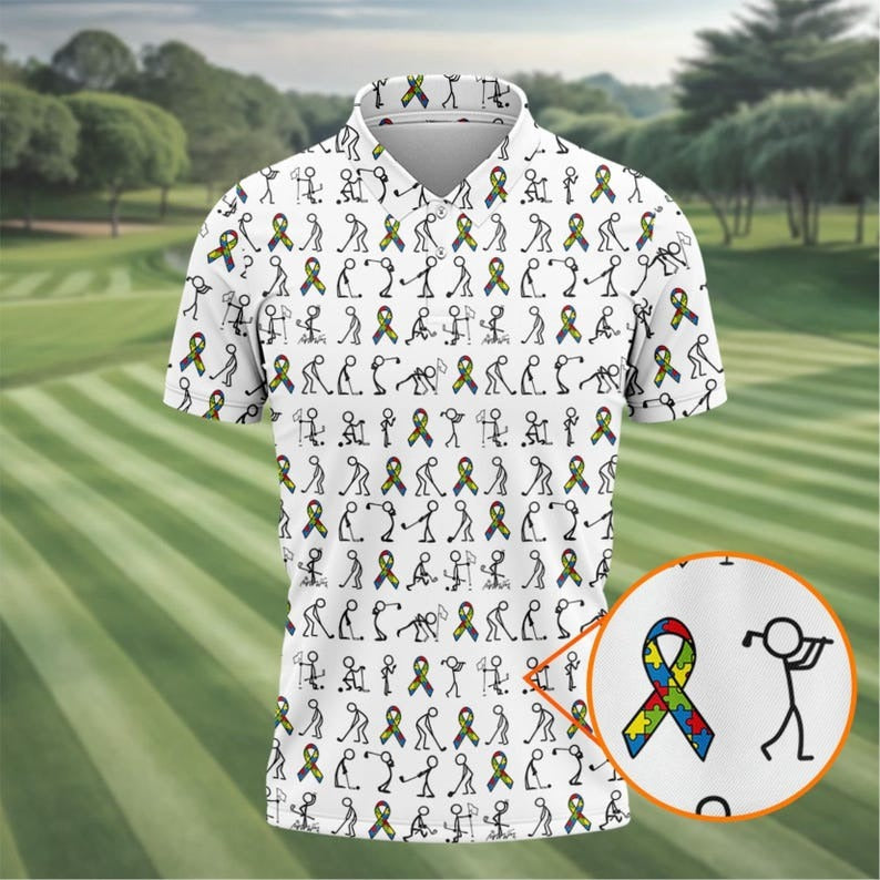 Men’s Autism Awareness Golf Polo Shirt – Stick Figure Golfer with Autism Ribbon, Puzzle Colors Performance Polo