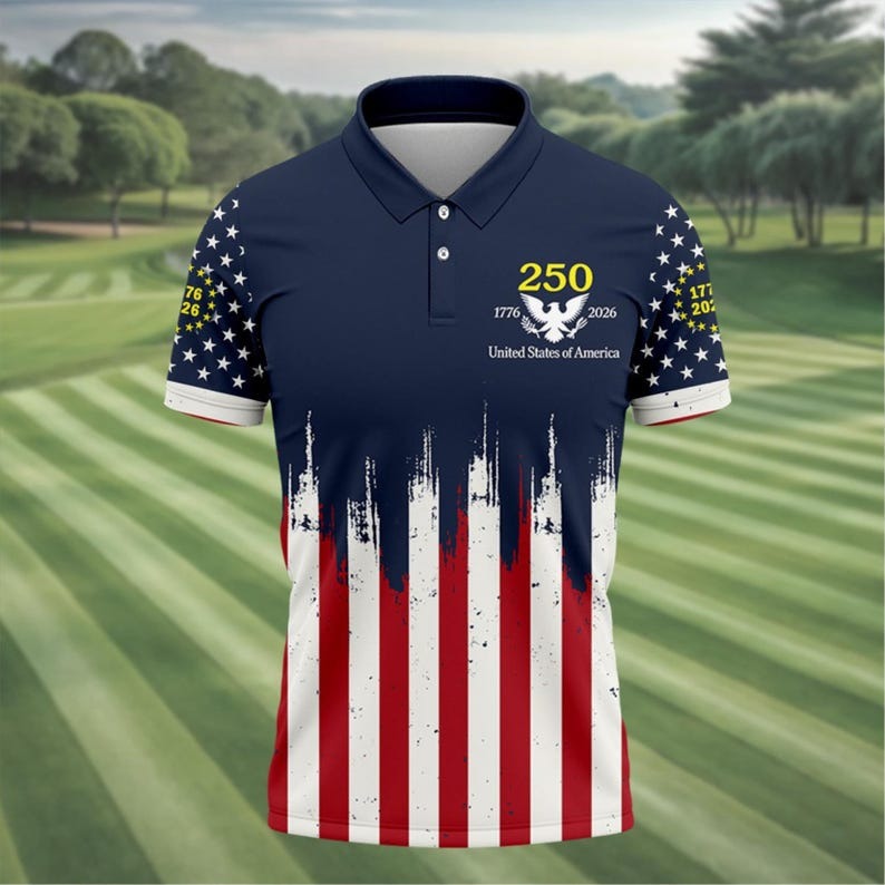 USA 250th Anniversary Polo Shirt 1776–2026, America 250 Patriotic Golf Polo, Red White Blue Flag Shirt for Men