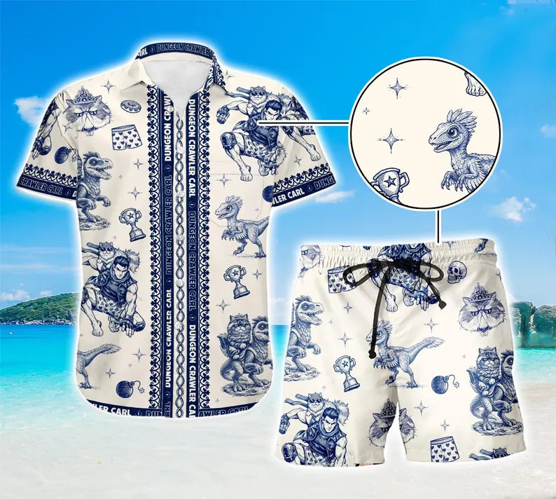 Fantasy Dungeon Crawler Hawaiian Shirt, Cat Princess & Monster Companion Print Shirt and Shorts Set, Book Lover Outfit, Nerdy Fantasy Apparel for Men & Women