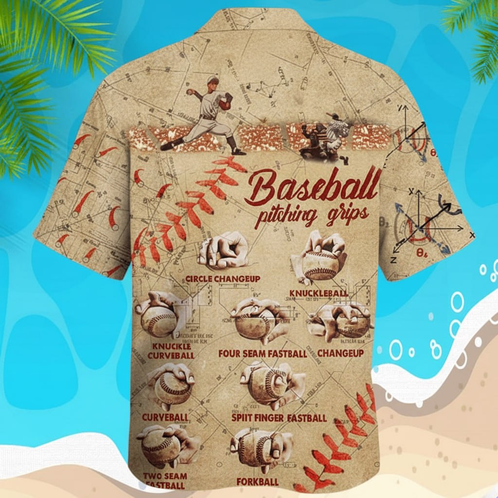 Baseball Pitching Grips Hawaiian Shirt, Pitcher Guide Aloha Shirt, Baseball Seam Grip Pattern Button Up, Funny Sports Summer Shirt