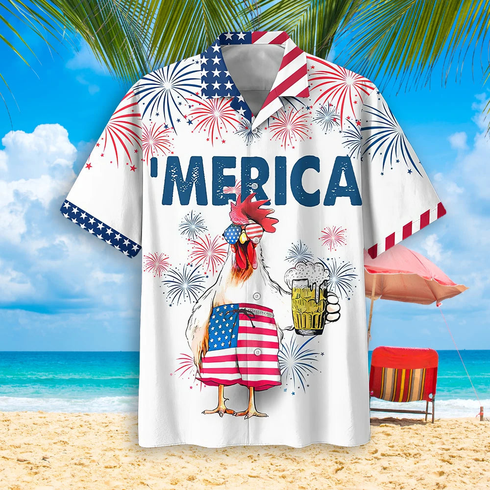 Chicken Drinking Beer Hawaiian Shirt, Funny 4th of July Patriotic Aloha Shirt