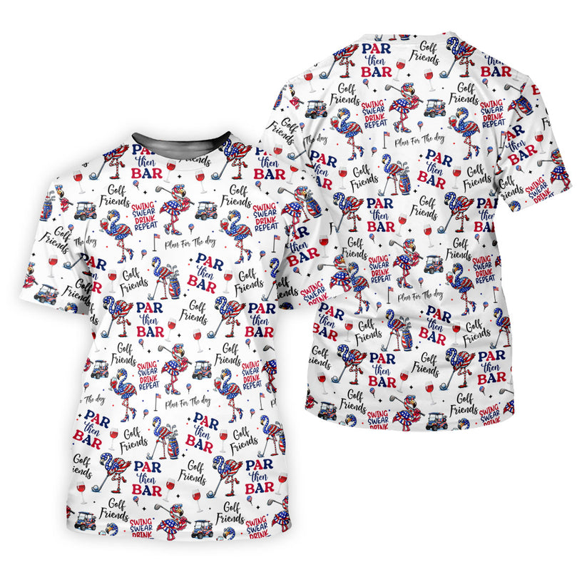 Par Then Bar Funny Flamingo Patriotic Golf Polo Shirt for Men, USA 250th Anniversary 4th of July Golf Shirt, Independence Day Golf Apparel