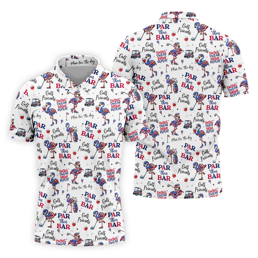 Par Then Bar Funny Flamingo Patriotic Golf Polo Shirt for Men, USA 250th Anniversary 4th of July Golf Shirt, Independence Day Golf Apparel