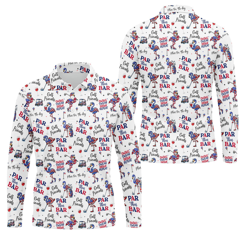 Par Then Bar Funny Flamingo Patriotic Golf Polo Shirt for Men, USA 250th Anniversary 4th of July Golf Shirt, Independence Day Golf Apparel